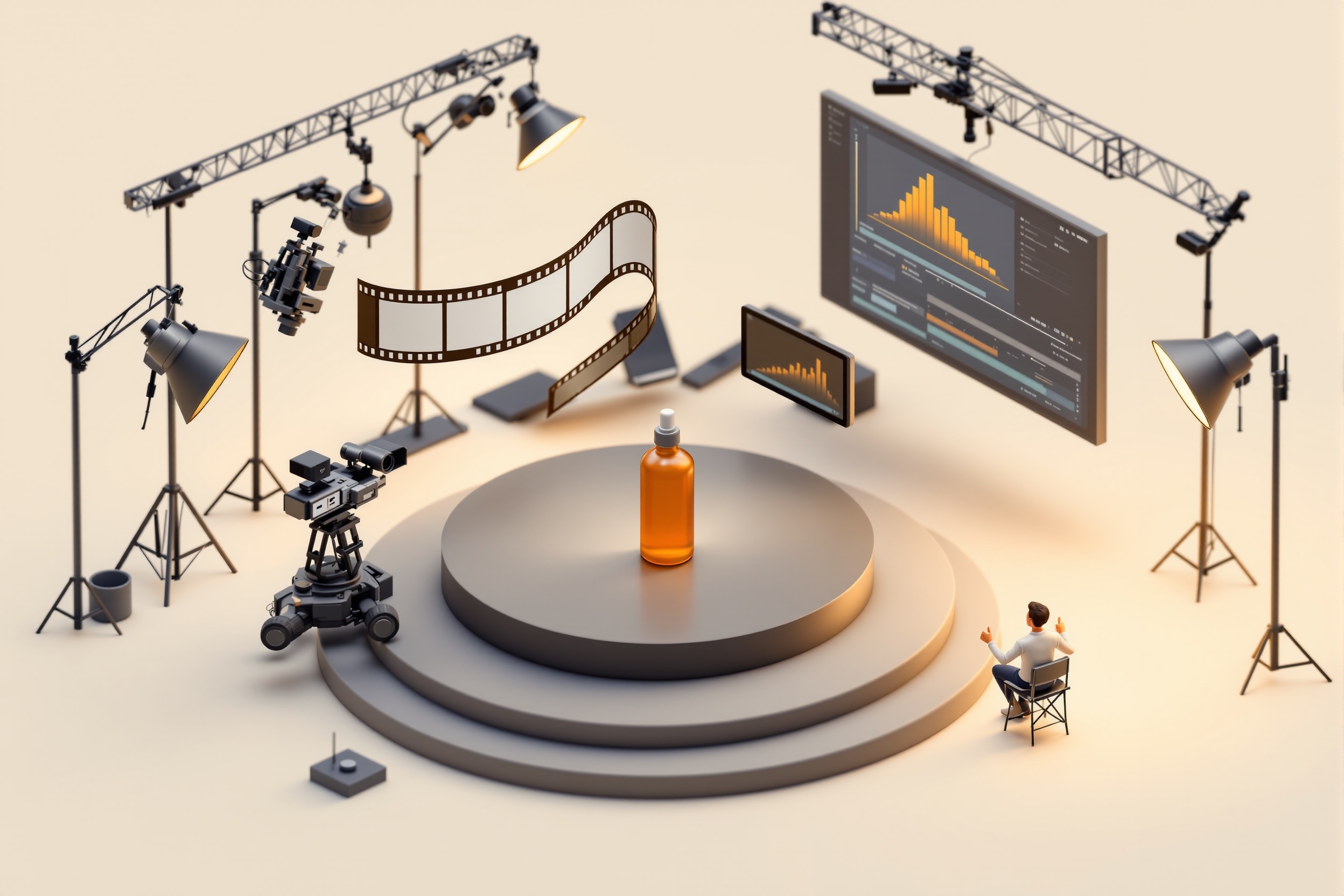 Automated AI product video studio — robotic cameras, film strip, voiceover waveform and an editing timeline producing a marketing video